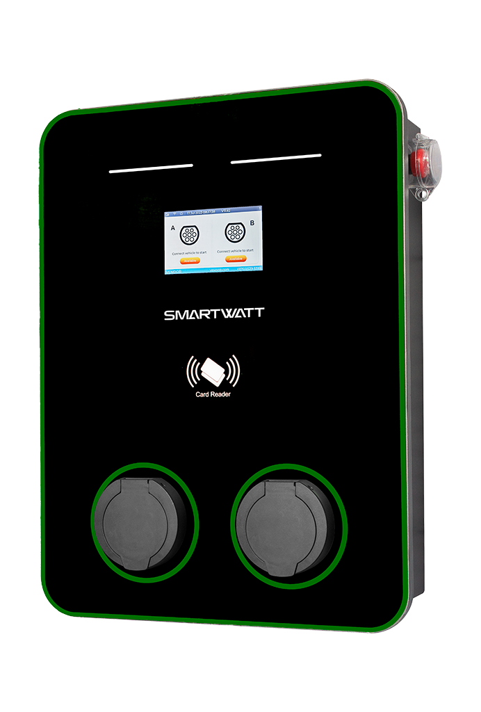 Автомобильная электрозарядная станция SMARTWATT EVC, 44 кВт, коммерческая OCPP 1.6J, переменный ток, 3 фазы 380 В, два поста по 22 кВт 32 А, розетки Type2, IP54