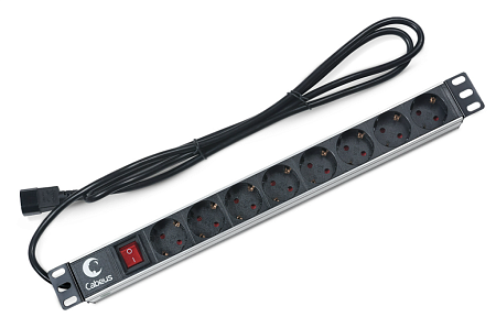 Cabeus PDU-8P-2IEC Блок евророзеток для 19" шкафов, горизонтальный, 8 розеток, 10 A, выключатель, алюминиевый корпус, шнур 2 м, вилка IEC 320 C14